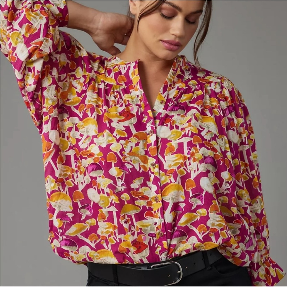 Anthropologie Maeve Pink and Orange Long Sleeve Blouse with Mandarin Collar